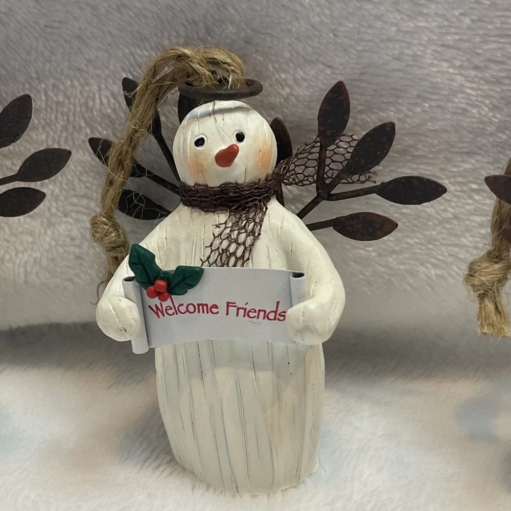 Ganz Lot of 3 Snowman Angel Ornaments wood Metal w/sign Friends Love Holiday Joy